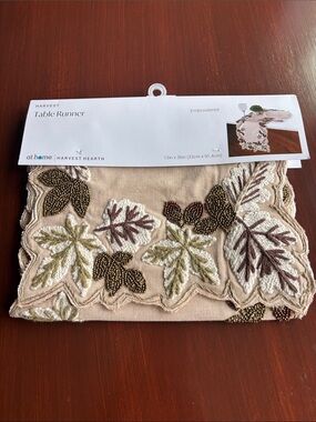 At Home Harvest Hearth embroidered & hand  beaded table runner,Fall,Thanksgiving